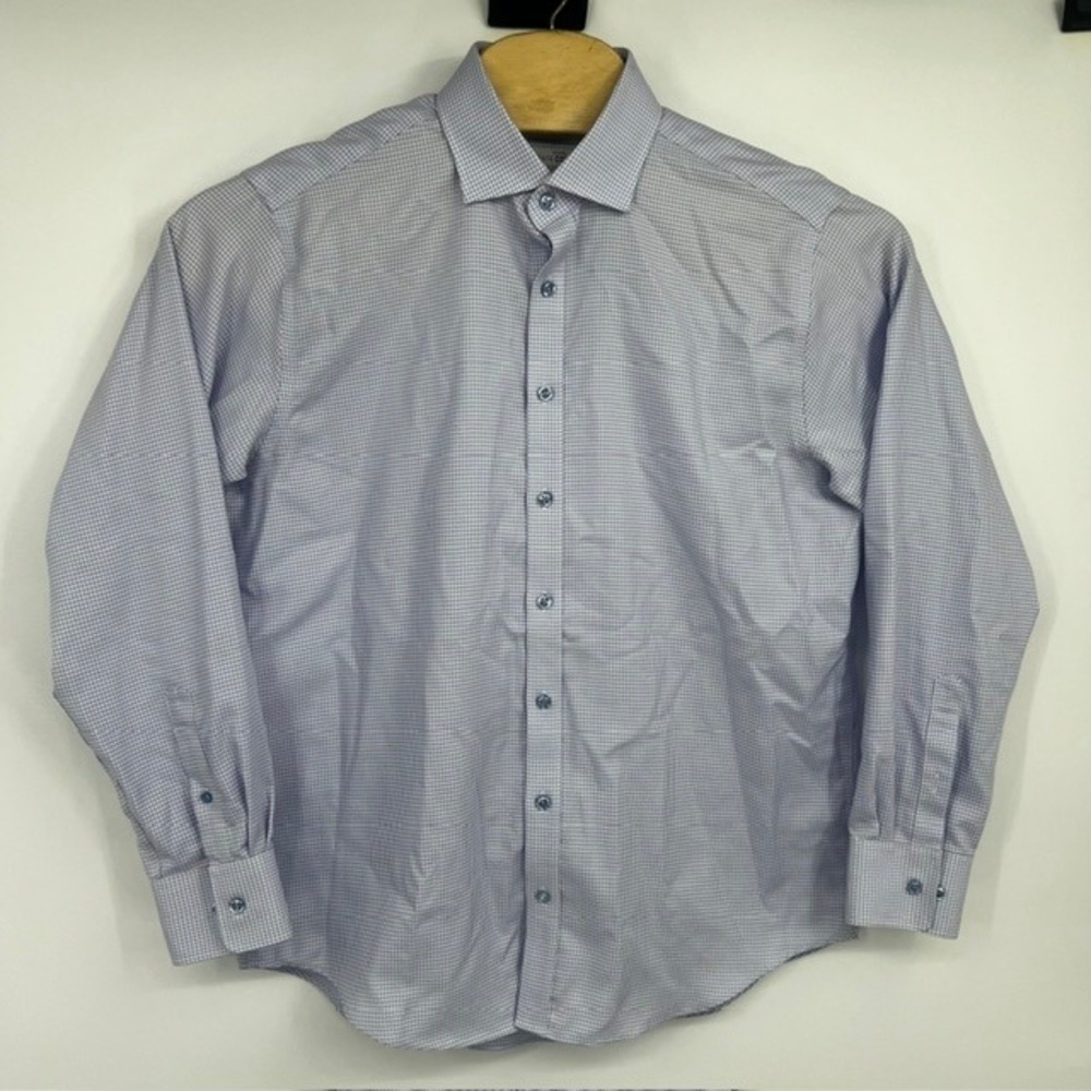 Twillory Men's Blue White Micro Houndstooth Non Iron Dress Shirt 16.5 34/35